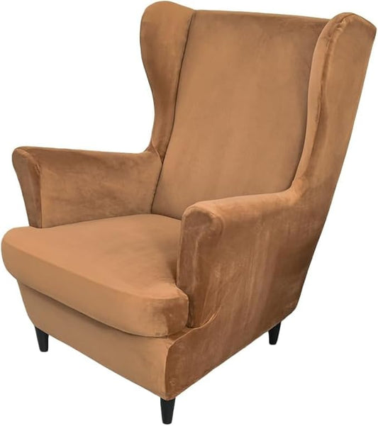 OBCREAT Wingback Chair Covers,2 Piece Stretch Velvet Wingback Chair Slipcover Soft Wing Chair Sofa Covers with Elastic Bottom,Armchair Couch Cover Furniture Protector for Living Room (Camel)
