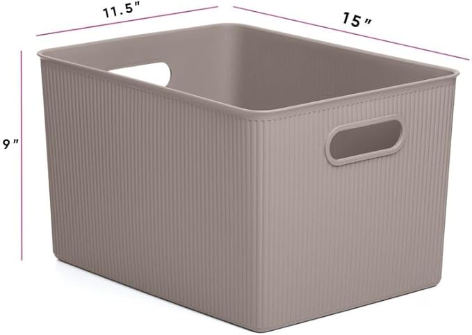 Decorative Plastic Basket Open Home Storage Bins Organizer, X-Large Taupe (6 Pack) Container Boxes for Organizing Closet Storage Bins for Shelves Drawer Shelf - Ribbed Collection 22 Liter/23 Quart