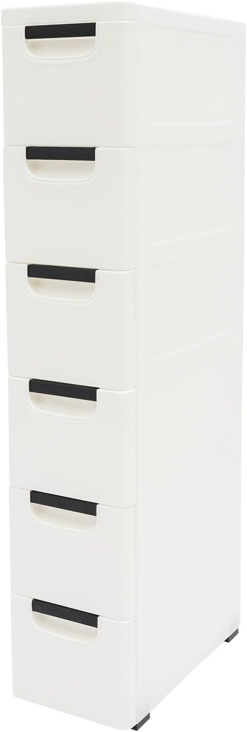 6 Drawers Narrow Slim Plastic Storage Cabinet,Storage Drawer with Wheels,6 Tier Drawers Dresser,Rolling Narrow Cabinet for Small Spaces Bathroom Kitchen Bedroom Living Room,White