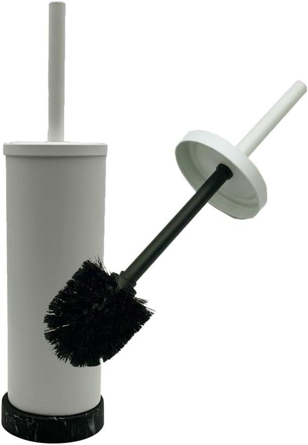 Toilet Bowl Cleaning Brush and Holder with Lid, Marble Base, 304 Stainless-Steel, Fingerprint-Proof, Rust Resistant, Heavy-Weight Base (2 Pack, White W/Black Marble)