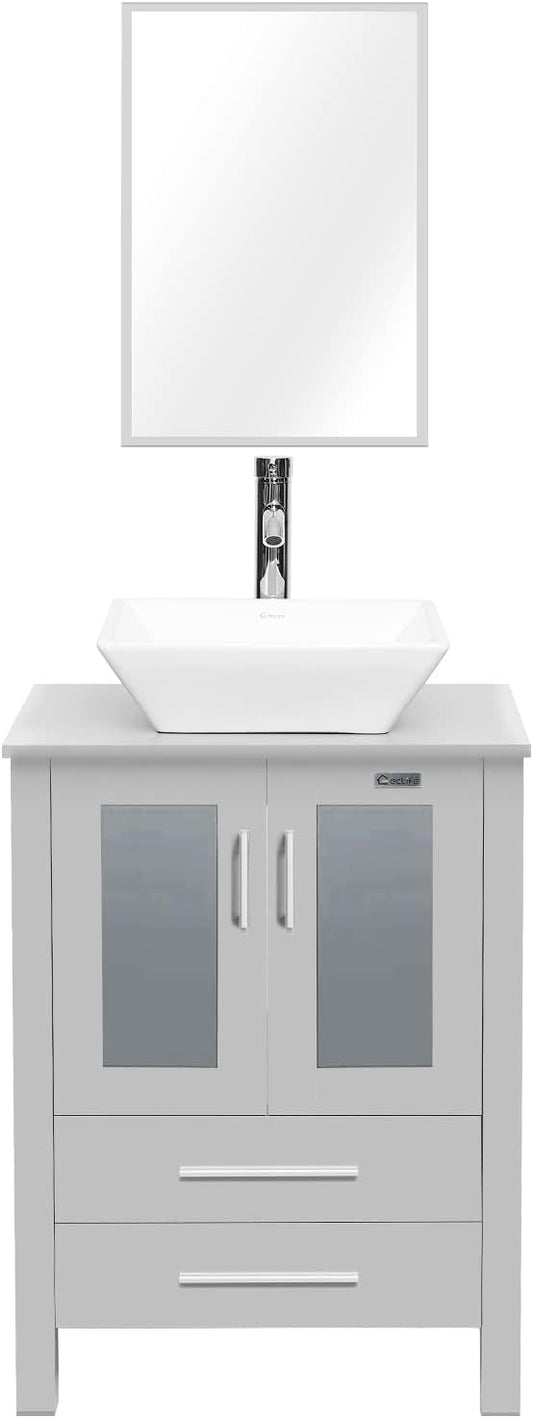 eclife 24" Modern Bathroom Vanity Sink Combo Freestanding Cabinet with Soft Closing Door, White Square Ceramic Vessel Sink, Water Save Faucet, Drain (Gray+A07)