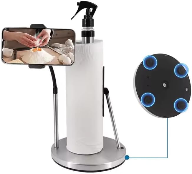 Kitchen Paper Towel Holder with Refillable Spray Bottle & Adjustable Phone Mount – 3-in-1 Countertop Stand for Cleaning and Cooking