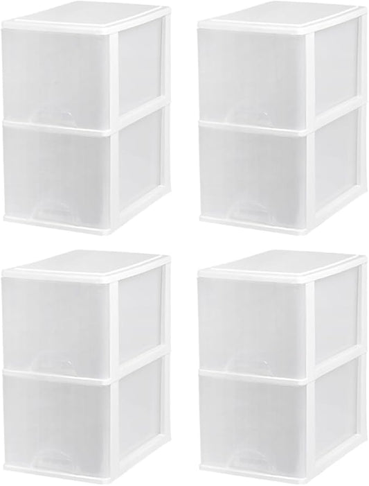 Plastic 2-Drawer Storage Organizer, 4-Pack for Classroom Art Supplies Dresser Closet Bathroom Dorm Bedroom Laundry Room, Slim Narrow, White/Clear Crafts Drawers Storage Organizer (13"H x 10"D x 7"W)