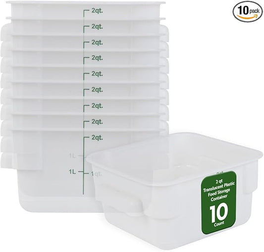 Restaurantware Food Storage Container 10 Pack of 2 qt Plastic Kitchen Storage Bin with Volume Markers Space-Efficient Design Dishwasher-Safe Polypropylene Translucent