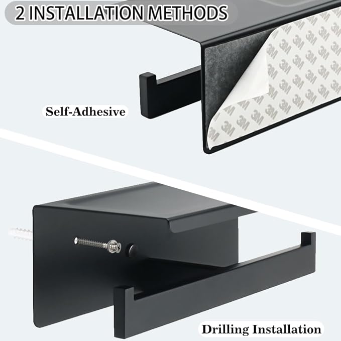 Alise Double Toilet Paper Holder,Bathroom Tissue Holder with Shelf,SUS304 Stainless Steel Toilet Paper Roll Holder Storage Dispenser,Self Adhesive or Wall Mount Drilling Paper Rack,Matte Black