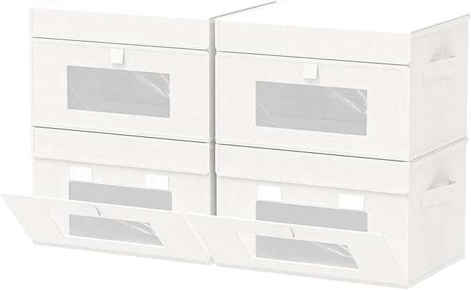 Transparent Window Storage Bin, Cube Organizer Basket with Flip-Top Lid and 2 Handles, Decorative Boxes with Cover, 4 Pack, White, 13 x 9 x 7.9 In, XSNY17WM-4