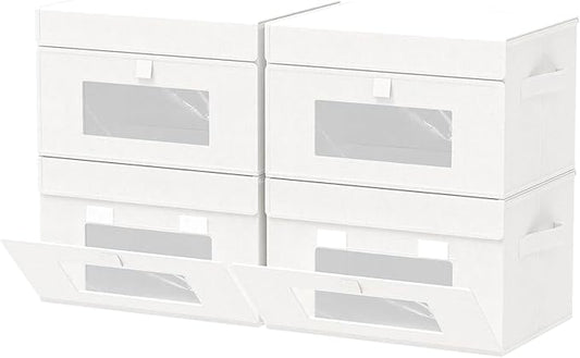 Transparent Window Storage Bin, Cube Organizer Basket with Flip-Top Lid and 2 Handles, Decorative Boxes with Cover, 4 Pack, White, 13 x 9 x 7.9 In, XSNY17WM-4
