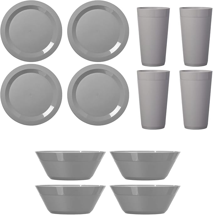 US Acrylic Newport Plastic Plate, Bowl and Tumbler Dinnerware Set for 4 in Grey Stone | 12-Piece Drinking and Dining Set | Reusable, BPA-free, Made in the USA, Top-rack Dishwasher Safe