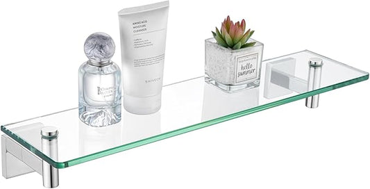 KOKOSIRI Bathroom Shelves Wall Mounted Floating Glass Shelf Polished Stainless Steel 20-Inch Kitchen Hanging Rack for Storage/Room Decor B1105CH-L20