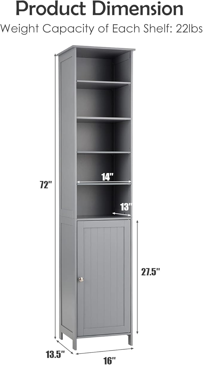 HAPPYGRILL Tall Bathroom Storage Cabinet, 72” Slim Bathroom Cabinet Organizer with 5 Open & 2 Adjustable Shelves, Anti-Tilt Design, Freestanding Storage Cabinet for Bathroom Living Room (Grey)