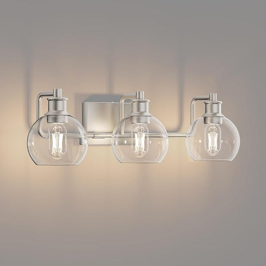 Tipace Brushed Nickel Modern Bathroom Vanity Light Fixtures Over Mirror Glass Globe 3 Lights Industrial Vanity Lights Farmhouse Bath Lighting(Exclude Bulb)