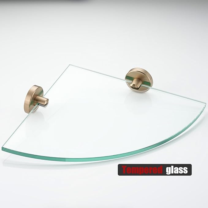 JQK Corner Glass Shelf, Champagne Bronze Bathroom 304 Stainless Steel Shower Triangle Floating Wall Shelf, 10 x 10 Tempered Glass, 2 Pack, TGS190L10-CB-P2