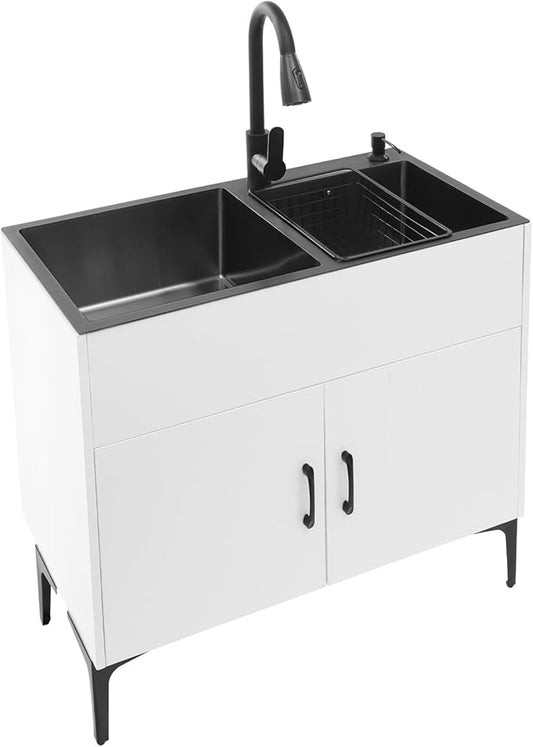 32-Inch Utility Sink Cabinet with Pull-Out Sprayer Faucet, Laundry Sink with Cabinets and Stainless Steel Double Sinks, Freestanding Cabinet with Sink for Laundry&Utility Room, Kitchen, Bathroom