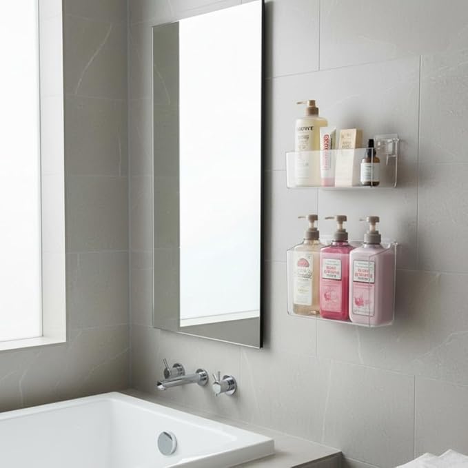 Bathroom corner with sink, mirror, and wall-mounted shelves with toiletries.
