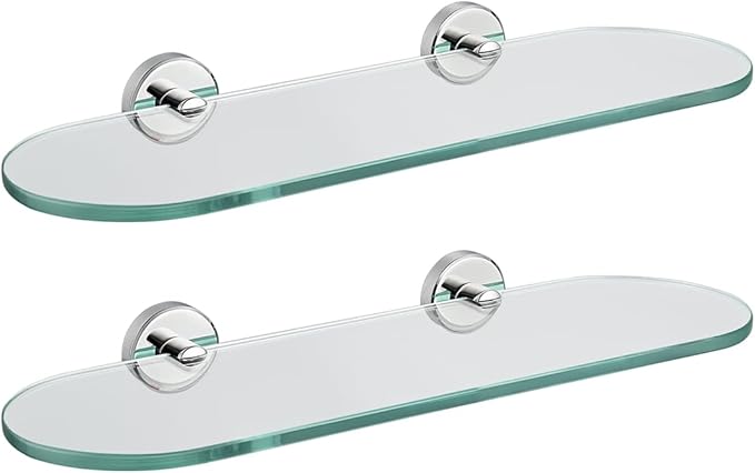 JQK Bathroom Glass Shelf, Floating Tempered Glass Shower Storage 16 by 5 inches, 304 Stainless Steel Polished Chrome Wall Mount 2 Pack, TGS121L16-CH-P2