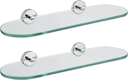 JQK Bathroom Glass Shelf, Floating Tempered Glass Shower Storage 16 by 5 inches, 304 Stainless Steel Polished Chrome Wall Mount 2 Pack, TGS121L16-CH-P2
