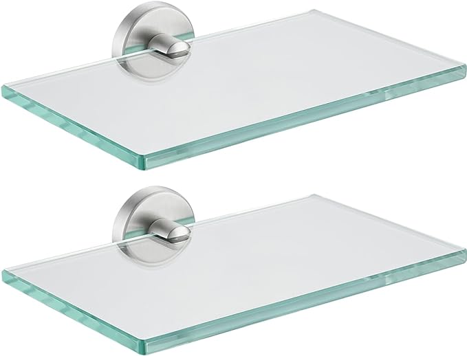 JQK Bathroom Glass Shelf, Tempered Glass Shower Storage 8 by 5 inches, 304 Stainless Steel Brushed Finish Wall Mount 2 Pack, TGS101L8-BN-P2