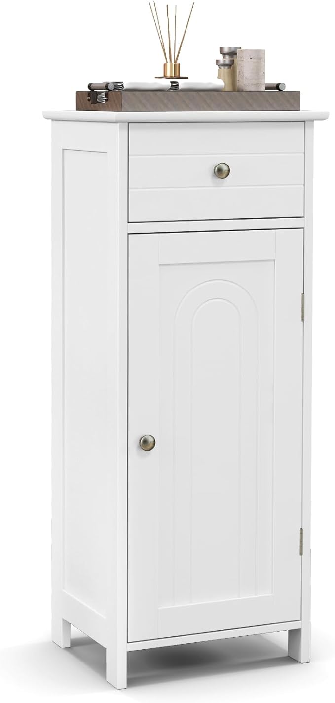 NAFORT Bathroom Floor Cabinet, Freestanding Wooden Side Storage Cabinet with Drawer & Adjustable Shelves, Slim Storage Organizer for Bathroom, Living Room, Kitchen