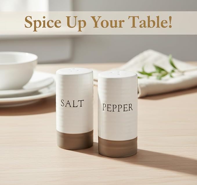 Young's Inc. Farmhouse Ceramic Salt and Pepper Shaker Set - Cute Kitchen Table Accessories and Decor, Small 3-Inch Modern White Rustic Dining Table Decor for Everyday Dining and Gift Giving