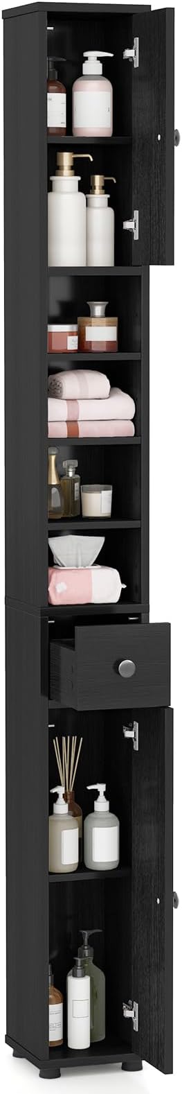 LDAILY 71”Tall Narrow Storage Cabinet, Skinny Bathroom Storage with 1 Drawer, 2 Doors, 5 Adjustable Shelves and Anti-Tipping Device, Wooden Slim Bathroom Cabinet for Office, Kitchen, Small Space