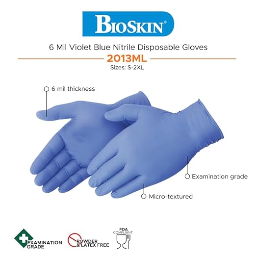 BioSkin Nitrile Exam Grade Disposable Gloves, 6 Mil - X-Large | Powder-Free, Chemical + Puncture Resistant, Textured | for Medical, Industrial, Janitorial, Food Service (Box of 50)
