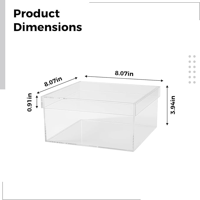 Acrylic Box Storage Organizer with Lid, Clear Cube for Display, 8.1 X 8.1 X 3.9 in / 20.5 X 20.5 X 10 Cm, Dustproof Stackable Container for, Jewelry, Makeup