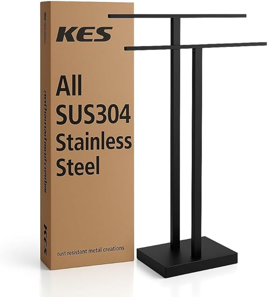 KES Free Standing Towel Rack Bathroom, Standing Towel Rack Floor with Weighted Base 2-Tier, Double Bath Towel Holder 18/8 Stainless Steel Matte Black, BTH231-BK
