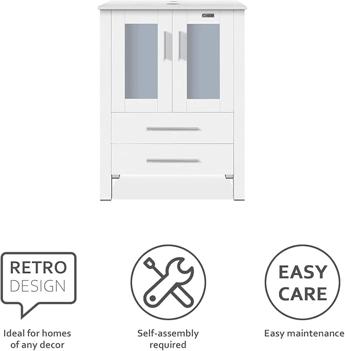 eclife 24" Modern Bathroom Vanity Sink Combo Freestanding Cabinet with Soft Closing Door, White Curved Ceramic Vessel Sink, Water Save Faucet, Drain (White+T32)