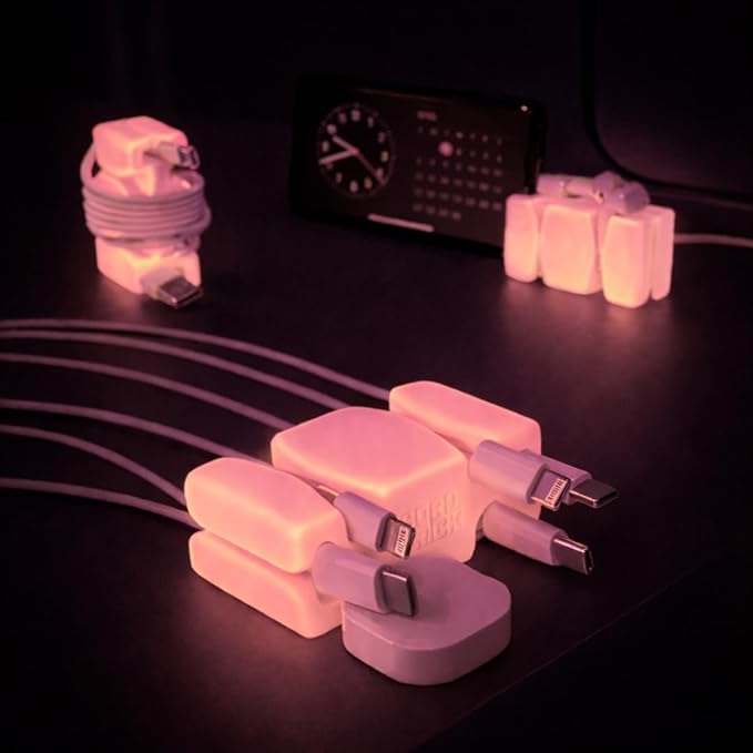 GlowBrick Stocking Stuffers for Adults Cord Management Weighted Cord Holder Cable Wrap Phone Stand - Glow-in-The-Dark Gadget Organizer for Nightstand. Gift for Men, Silicone. 4pk Pink Glow