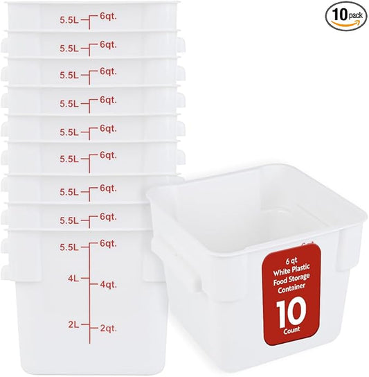Restaurantware Food Storage Container 10 Pack of 6 qt Plastic Kitchen Storage Bin with Volume Markers Space-Efficient Design Dishwasher-Safe Polypropylene White