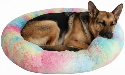 Fluffy Dog Bed Calming Donut Beds for Large Dogs Warming Round Small Medium Pet Nest Cozy Cat Mattress Indoor Washable Puppy Kennel Kittens Sleep Mat (L, 35.4×35.4 inch, Rainbow)