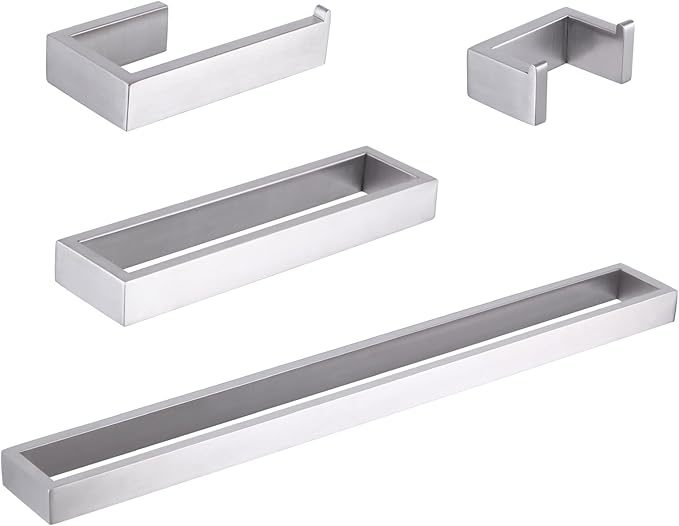 GERZWY Contemporary Stainless Steel Wall Mounted 4-Piece Bathroom Hardware Set - Towel Bar Towel Rings Toilet Paper Holder Towel Hooks, Brushed Finish HG1708-4LS
