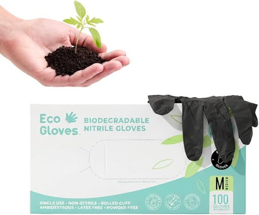 Eco Gloves Biodegradable BLACK Nitrile Disposable Gloves, 4 Mil, Powder Free, Latex Free, Food Safe, Cleaning