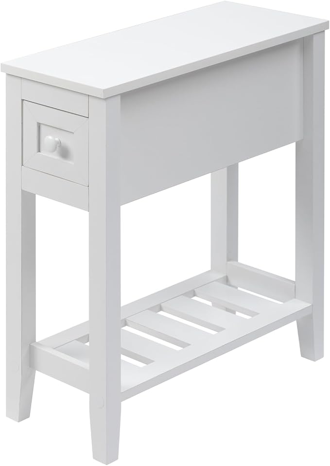 Narrow Side Table with Storage Drawer - White Slim Nightstand for Small Spaces
