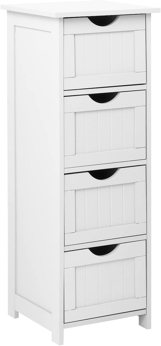 Bonnlo Bathroom Storage Cabinet Skinny Wooden Side Bathroom with 4 Drawers Small Free Standing Floor Cabinet White Slim 12 Inch Wide Organizer for Bedroom Living Room, 12 Inch Deep Narrow Organizer