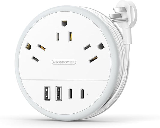 NTONPOWER Travel Power Strip, Travel Essentials, Cruise Essentials 3 Outlets 4 USB Ports(2 USB C), 4FT Wrapped Around Extension Cord for Travel Cruise Ship Beach Vacation Essentials White
