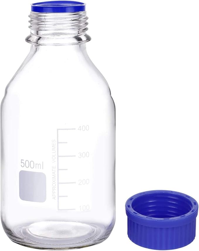 Lab Media Storage Round Bottles Graduated Glass Container GL45 Screw Cap Leakproof Multi-Purpose for Scientific — pack of 8 (Blue,500ml)