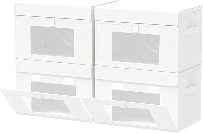 Transparent Window Storage Bin, Cube Organizer Basket with Flip-Top Lid and 2 Handles, Decorative Boxes with Cover, 4 Pack, White, 15 x 9.8 x 9.8 In, XSNY17WL-4