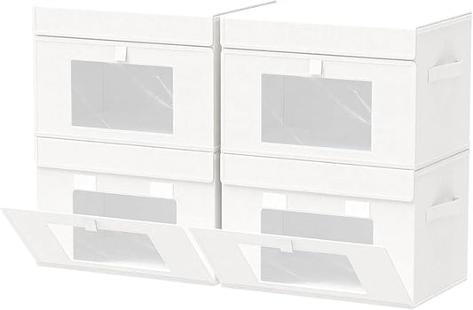Transparent Window Storage Bin, Cube Organizer Basket with Flip-Top Lid and 2 Handles, Decorative Boxes with Cover, 4 Pack, White, 15 x 9.8 x 9.8 In, XSNY17WL-4