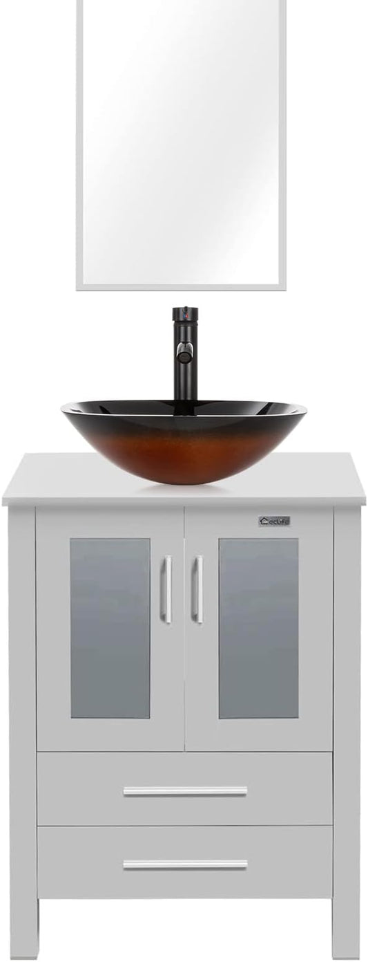 eclife 24" Modern Bathroom Vanity Sink Combo Freestanding Cabinet with Soft Closing Door, Brown Square Glass Vessel Sink, Water Save Faucet, Drain (Gray+A48)