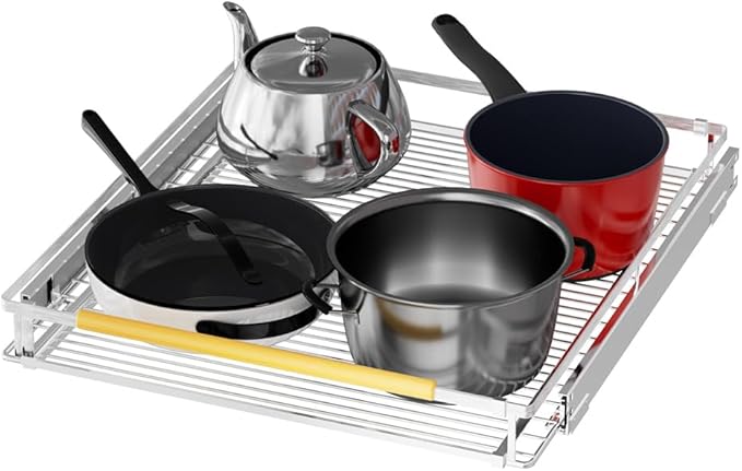 SANNO Chrome Expandable Pull Out Kitchen Cabinet Organizer, 14"-25" Width, 22.24" Depth, 2.7" Height, 2 Shelves, Modern Style, Bottom-Mounted, Easy Install, Kitchen Use
