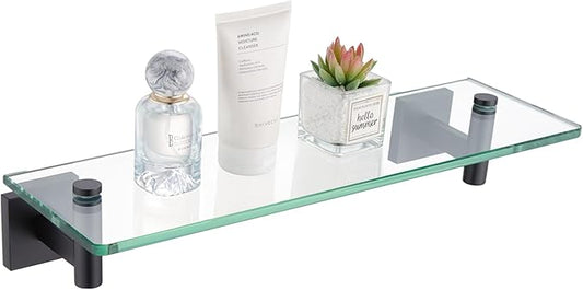 KOKOSIRI Bathroom Shelves Glass Floating Shelf 12-Inch for Bedroom, Living Room, Kitchen, Small Hanging Rack Rustproof Wall Mounted Black B1105BK-L12