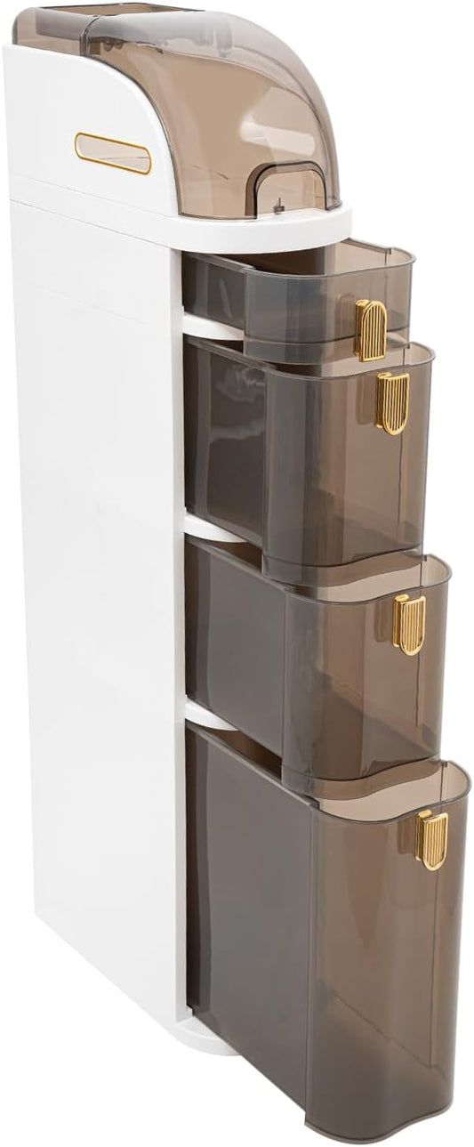 Narrow Bathroom Floor Organizer Cabinet,4 Tiers Freestanding Narrow Slim Gap Storage Cabinet with Drawers Toilet Paper Holder,Small Sapce Slim Bathroom Cabinet for Bathroom Bedroom Kitchen