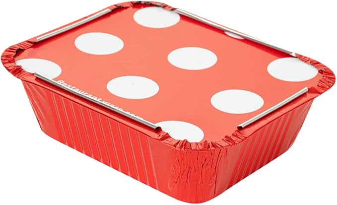 Restaurantware 12 Ounce Disposable Takeout Containers 50 Rectangle Food Containers - With Polka Dot Lids Red Takeaway Containers Aluminum Delivery Containers Freezable