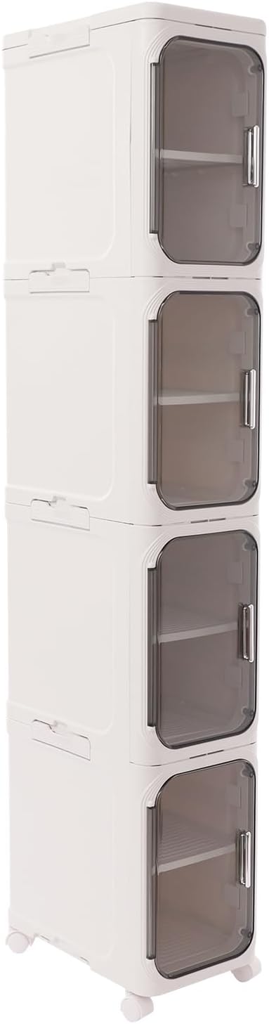 4-Tier Plastic Narrow Storage Cabinet with Movable Wheels & Doors, Tall Slim Bathroom Organizers and Storage Cabinet for Small Space, Bathroom, Kitchen, Laundry (White)