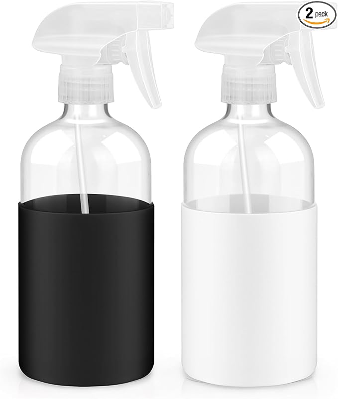 2 Pack Glass Spray Bottles with Silicone Sleeve, 16 oz Empty Refillable Containers with Adjustable Spray Nozzles, Spray Bottles for Hair, Cleaning Solutions and Plants Black&White