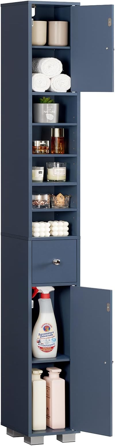 TEENFON Bathroom Cabinet, Narrow Bathroom Storage Cabinet with 5 Adjustable Shelves & Drawer, Freestanding Cupboard for Small Spaces, Blue