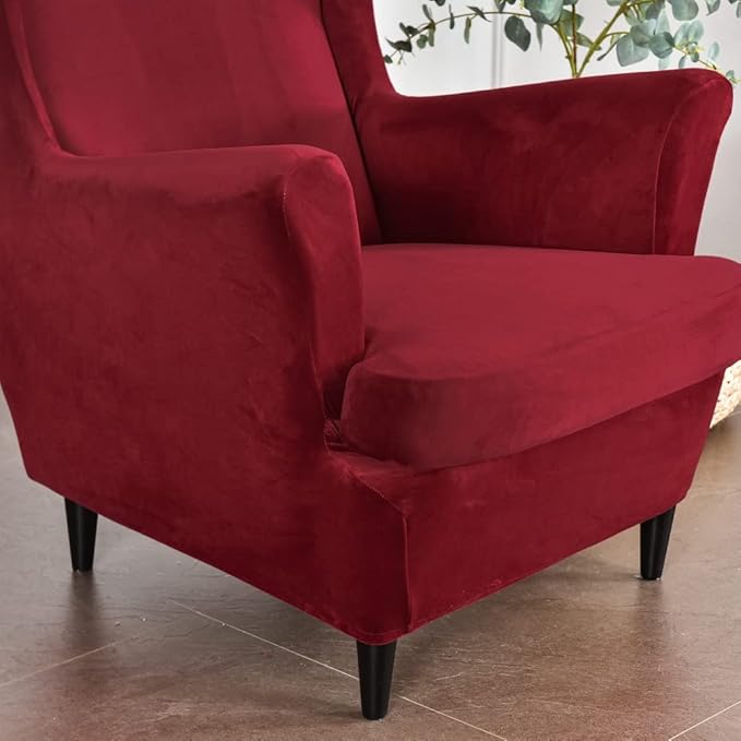 OBCREAT Wingback Chair Covers,2 Piece Stretch Velvet Wingback Chair Slipcover Soft Wing Chair Sofa Covers with Elastic Bottom,Armchair Couch Cover Furniture Protector for Living Room (Wine Red)