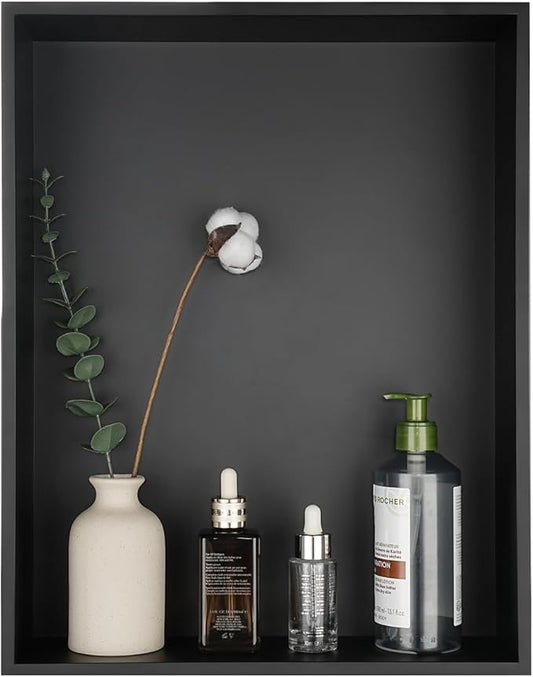 JQK Shower Niche No Tile Need, 18"×14" Matte Black Bathroom Insert Shelf, 304 Stainless Steel Recessed Shower Caddy Organizer Storage, SNL1814-PB