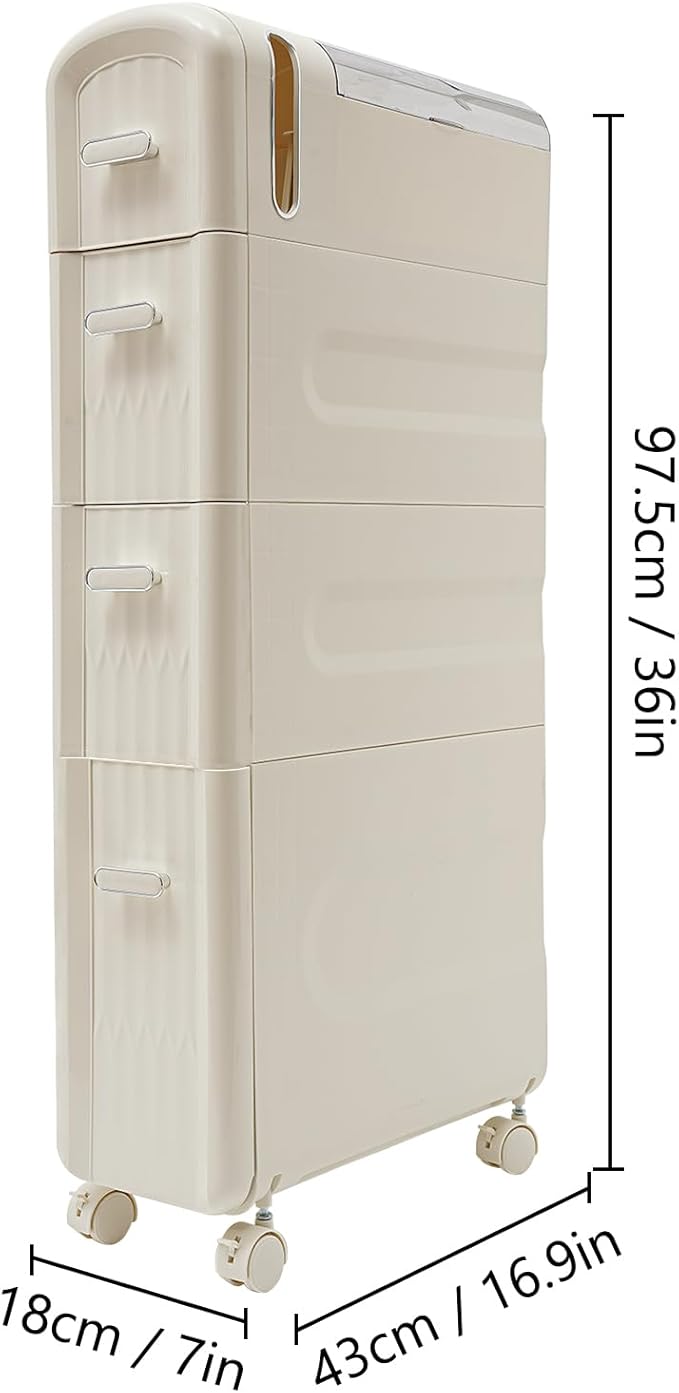 4 Tiers Narrow Slim Bathroom Floor Cabinet,Rolling Storage Cart with Toilet Paper Holder,Slim Bathroom Storage Cabinet for Small Space Kitchen Living Room